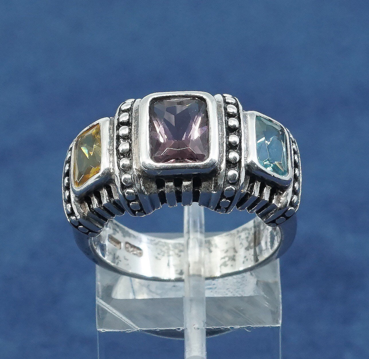 Size 7.5, vtg Sterling silver handmade ring, 925 w/ amethyst sapphire n citrine