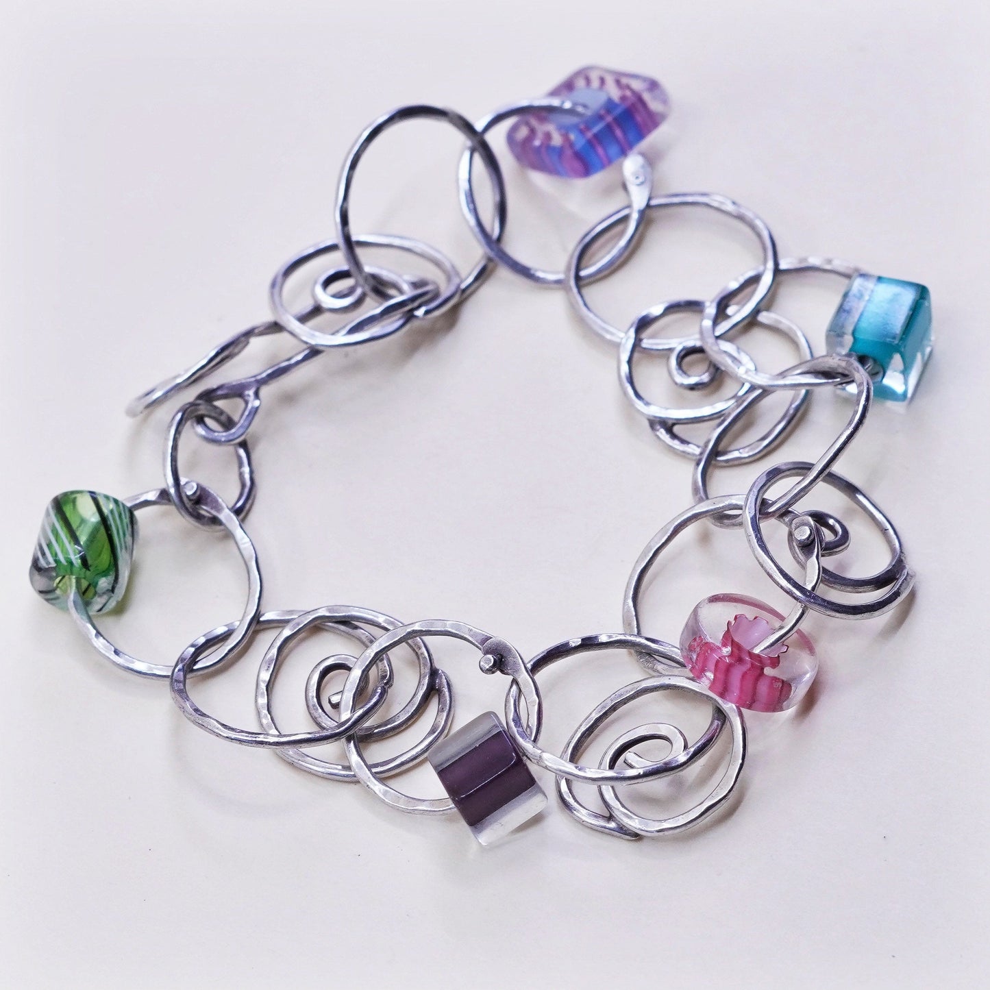 6”, 925 Sterling silver swirl circle bracelet with artisan colorful glass beads