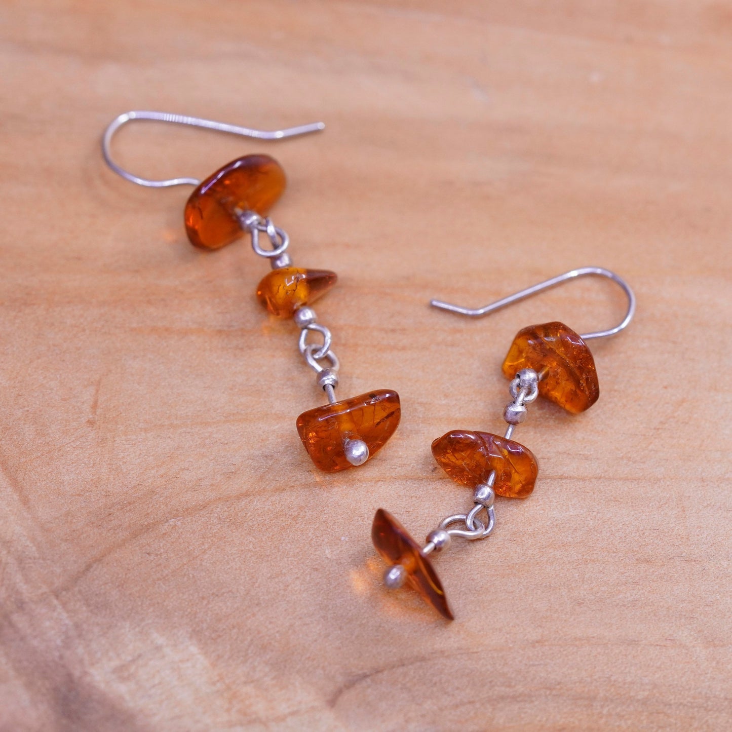 Vintage Sterling 925 silver handmade earrings with Amber nugget