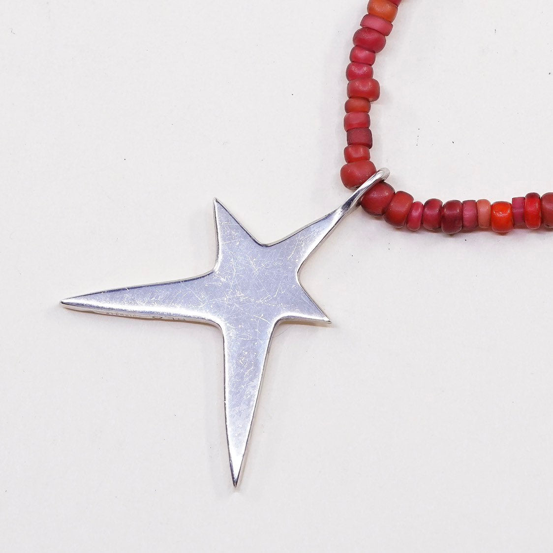 17”, RLA Native American necklace heishi coral beads W sterling 925 silver star