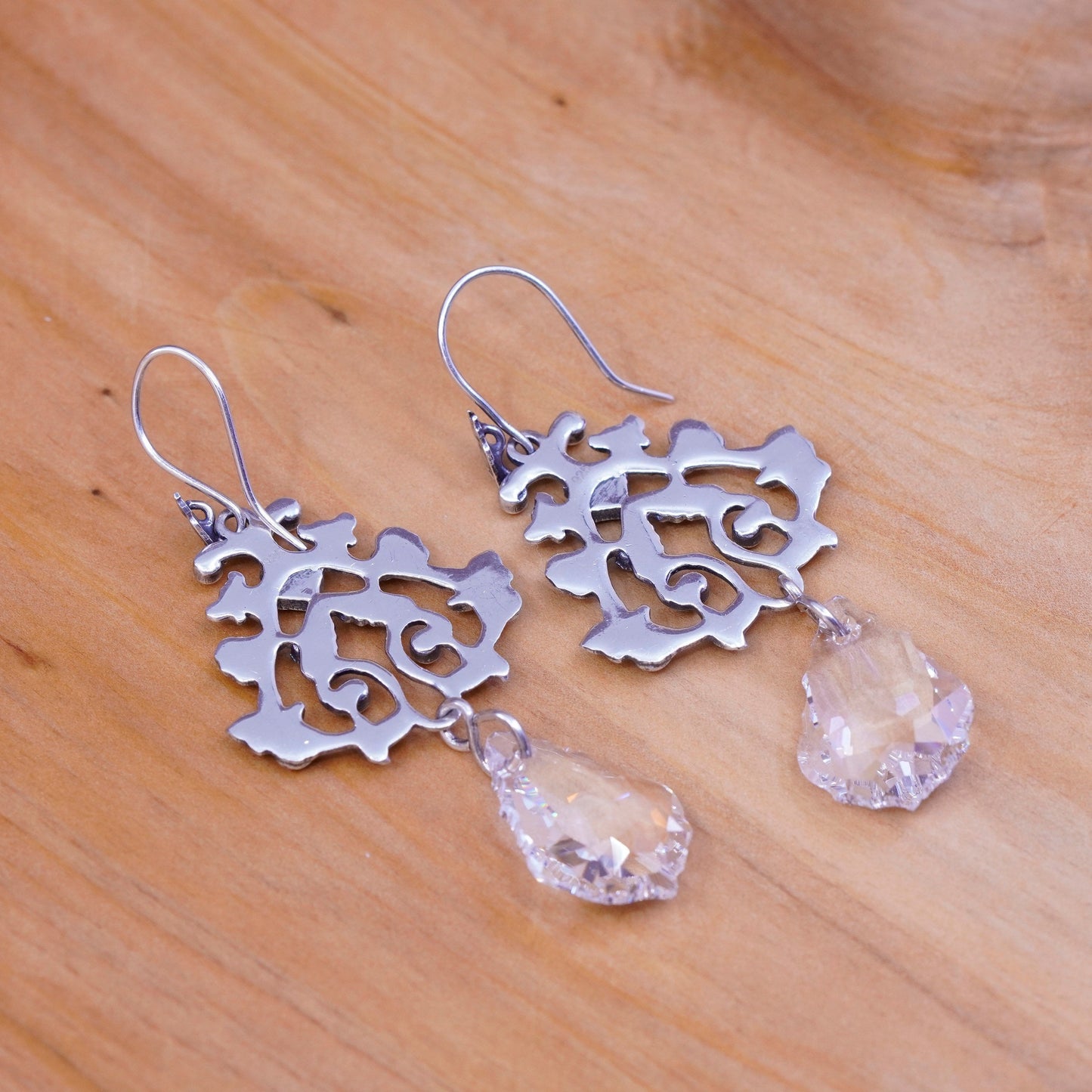 Vintage Sterling 925 silver handmade floral vine earrings with teardrop crystal