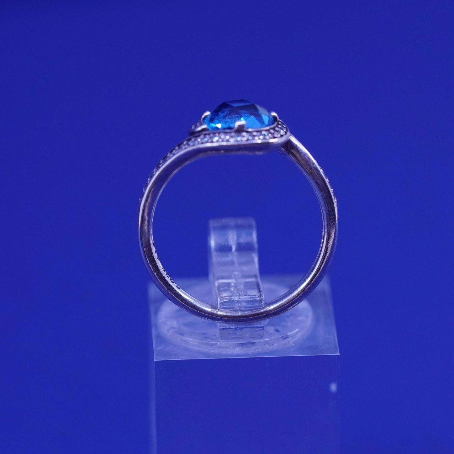 Size 7.25, vintage ALE sterling 925 silver engagement ring with blue cz