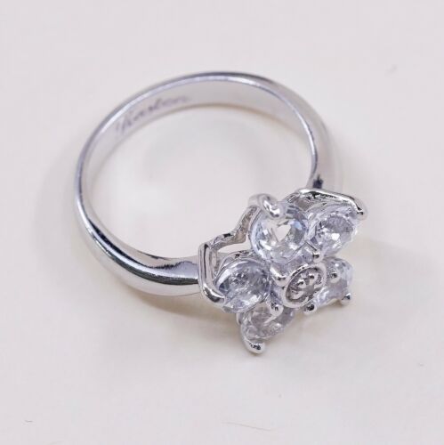 Sz 4, Vtg Sterling 925 Silver Flower Fashion Ring W/ White Sapphire N Diamond