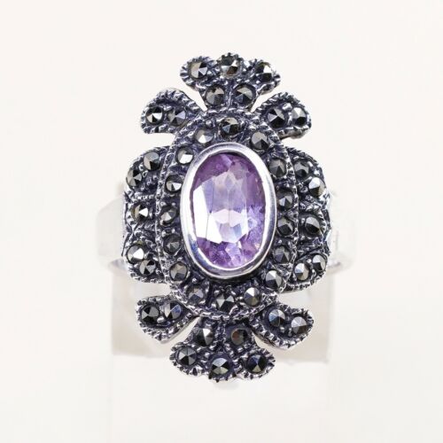 Sz 8, Sterling Silver handmade Ring, 925 Silver W/ amethyst n marcasite