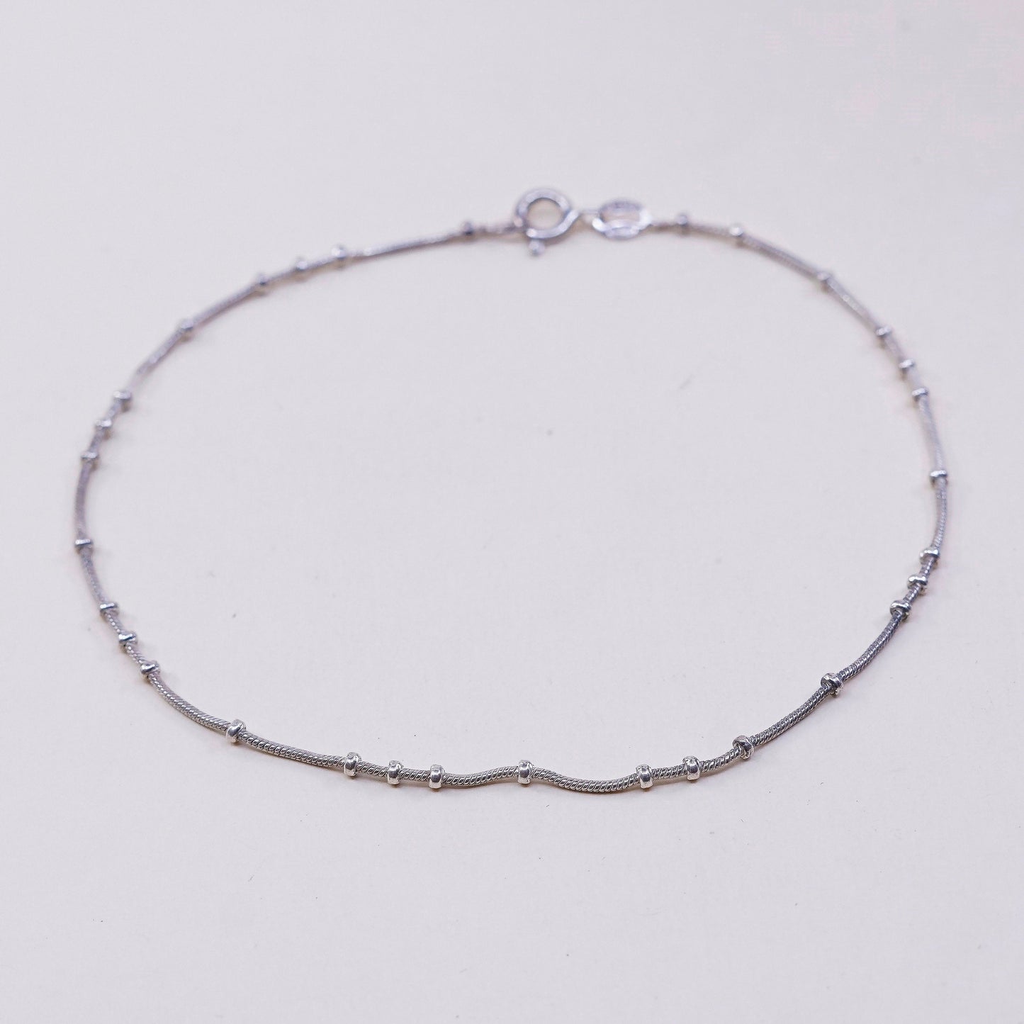9.75”, VTG Handmade sterling silver anklet, italy 925 snake chain w/ beads