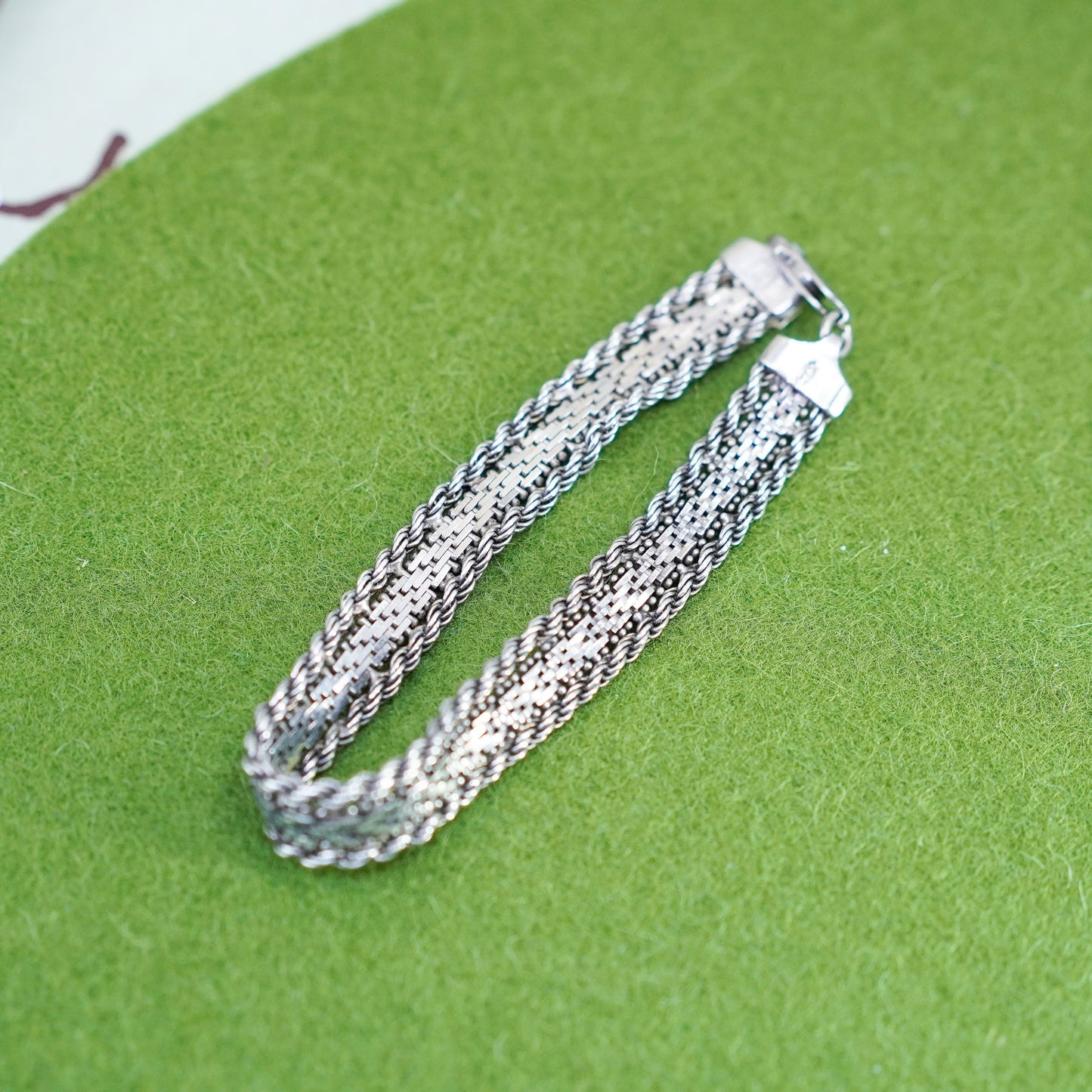 7.25”, vtg sterling 925 silver Italy riccio rope woven braided chain bracelet