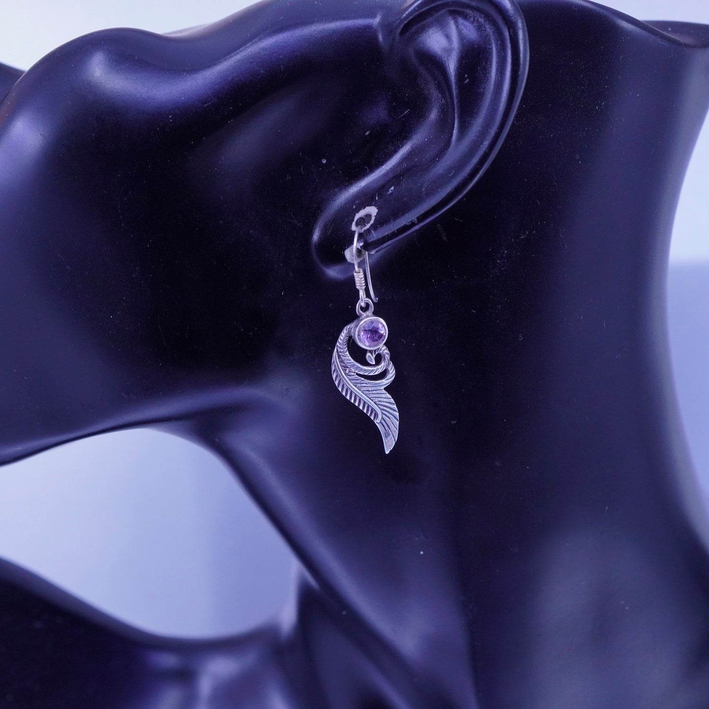 Vintage Sterling 925 silver handmade earrings with amethyst and leaf