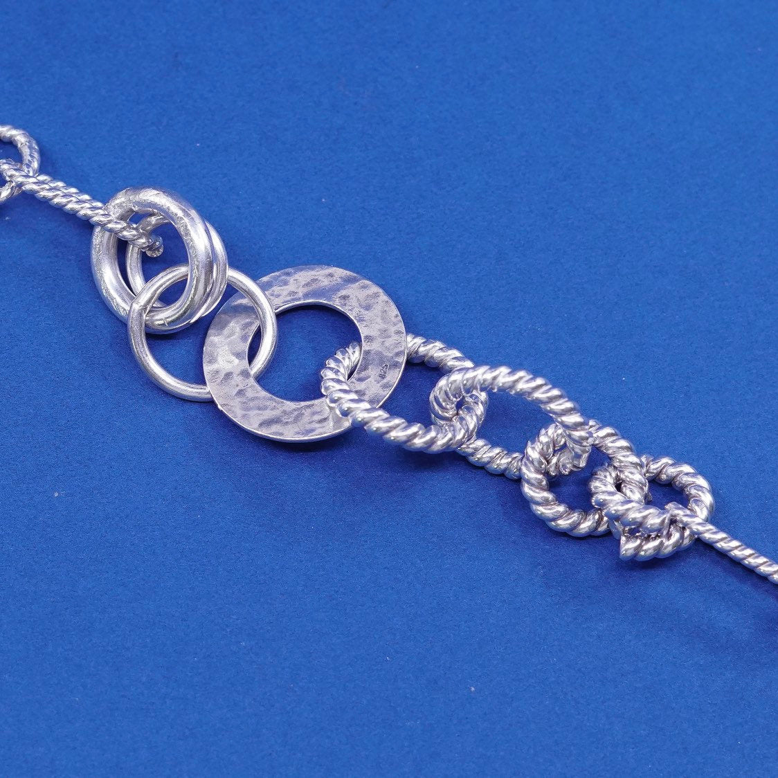 6.75”, vtg Sterling silver handmade bracelet, 925 twisted cable, circle chain