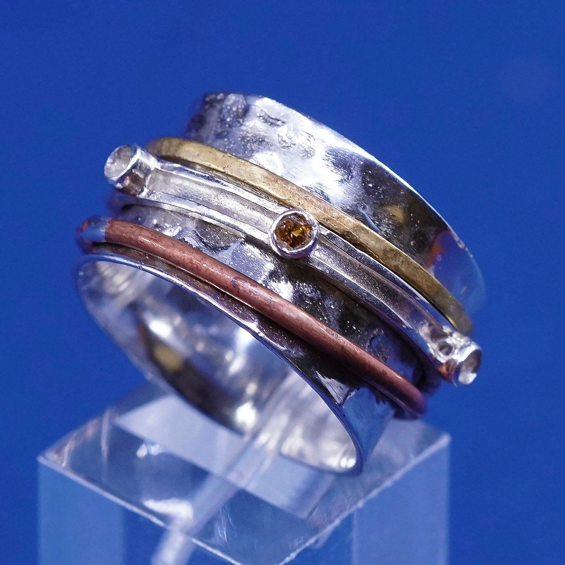 sz 8, vtg triple Tone sterling silver hammered band, 925 spinner ring