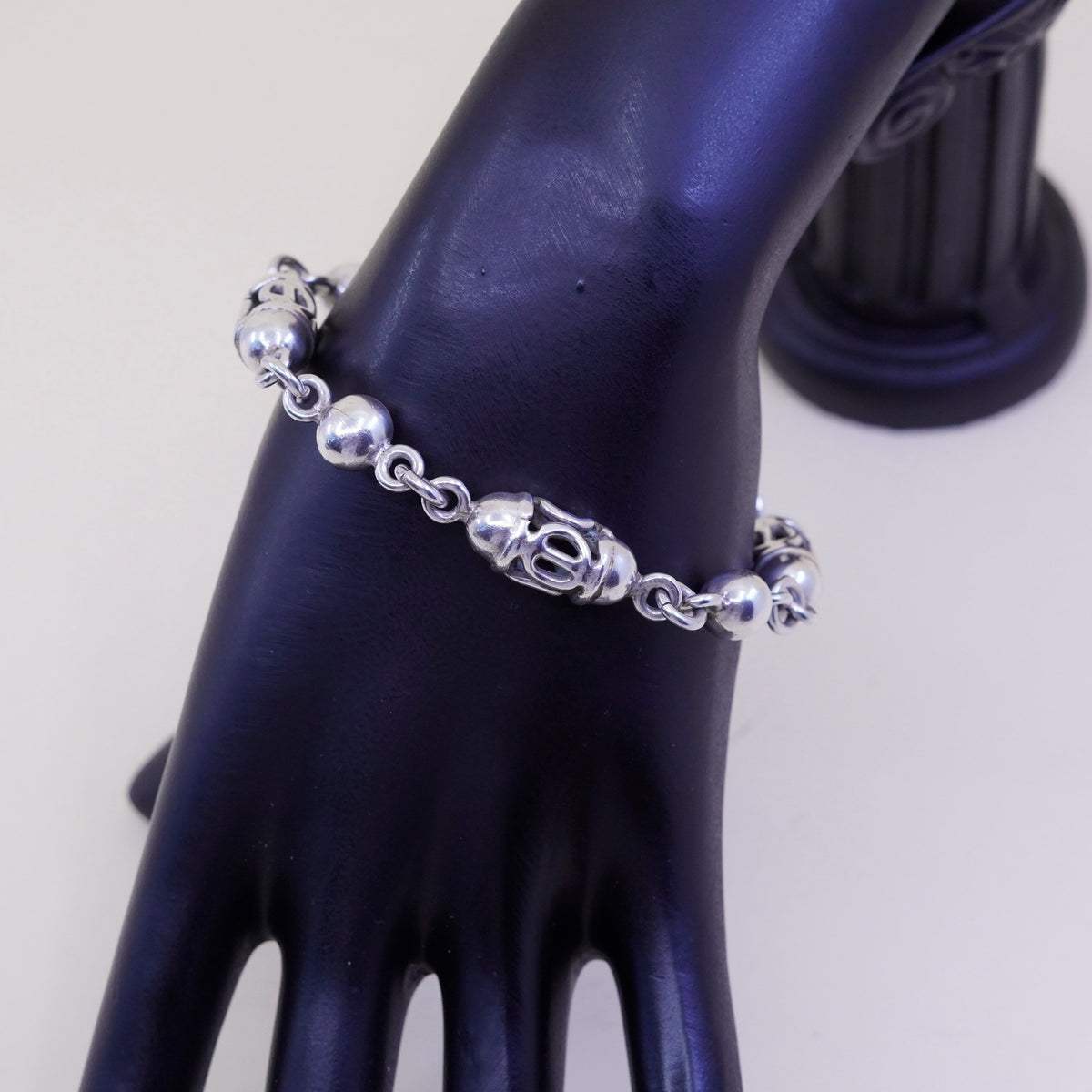 6.75”, vintage sterling silver handmade bracelet, mexico 925 nugget beads chain