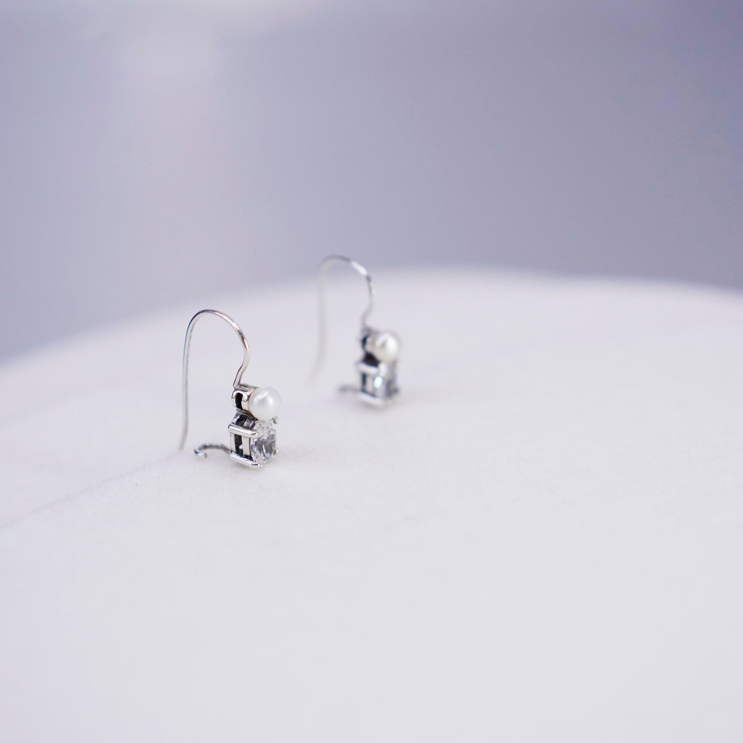 Vintage Sterling 925 silver earrings, dangle with pearl and Cz