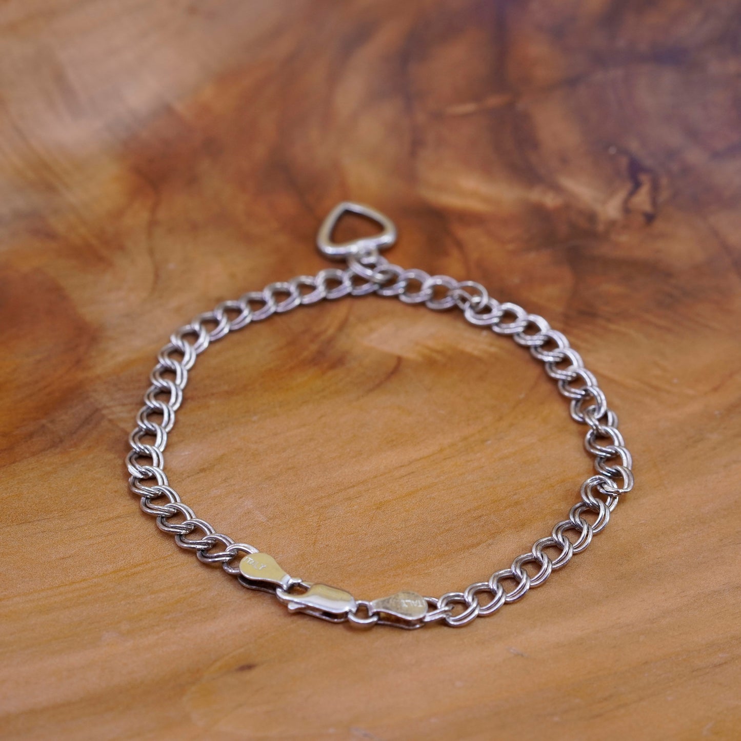 8”, Sterling silver handmade double curb chain, 925 bracelet heart charm