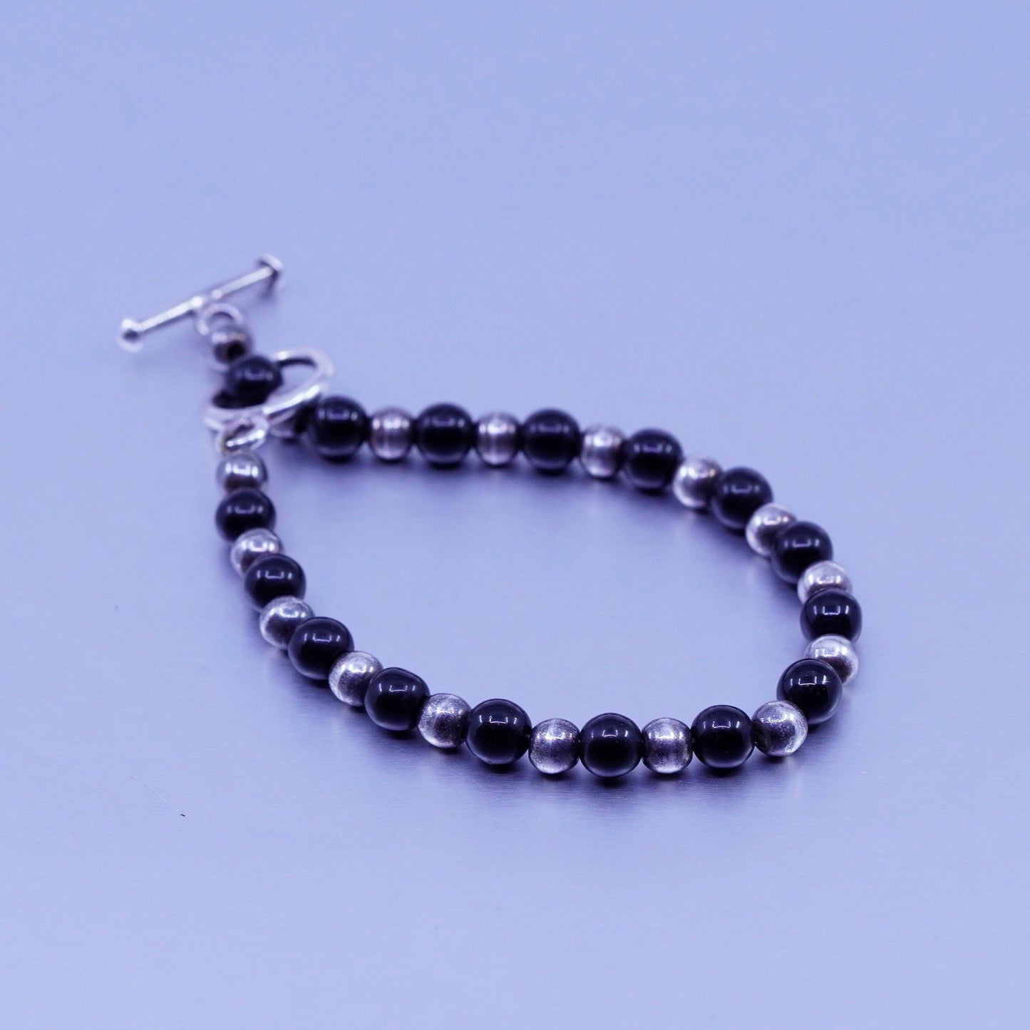 7”, vintage Sterling 925 silver bracelet with obsidian beads