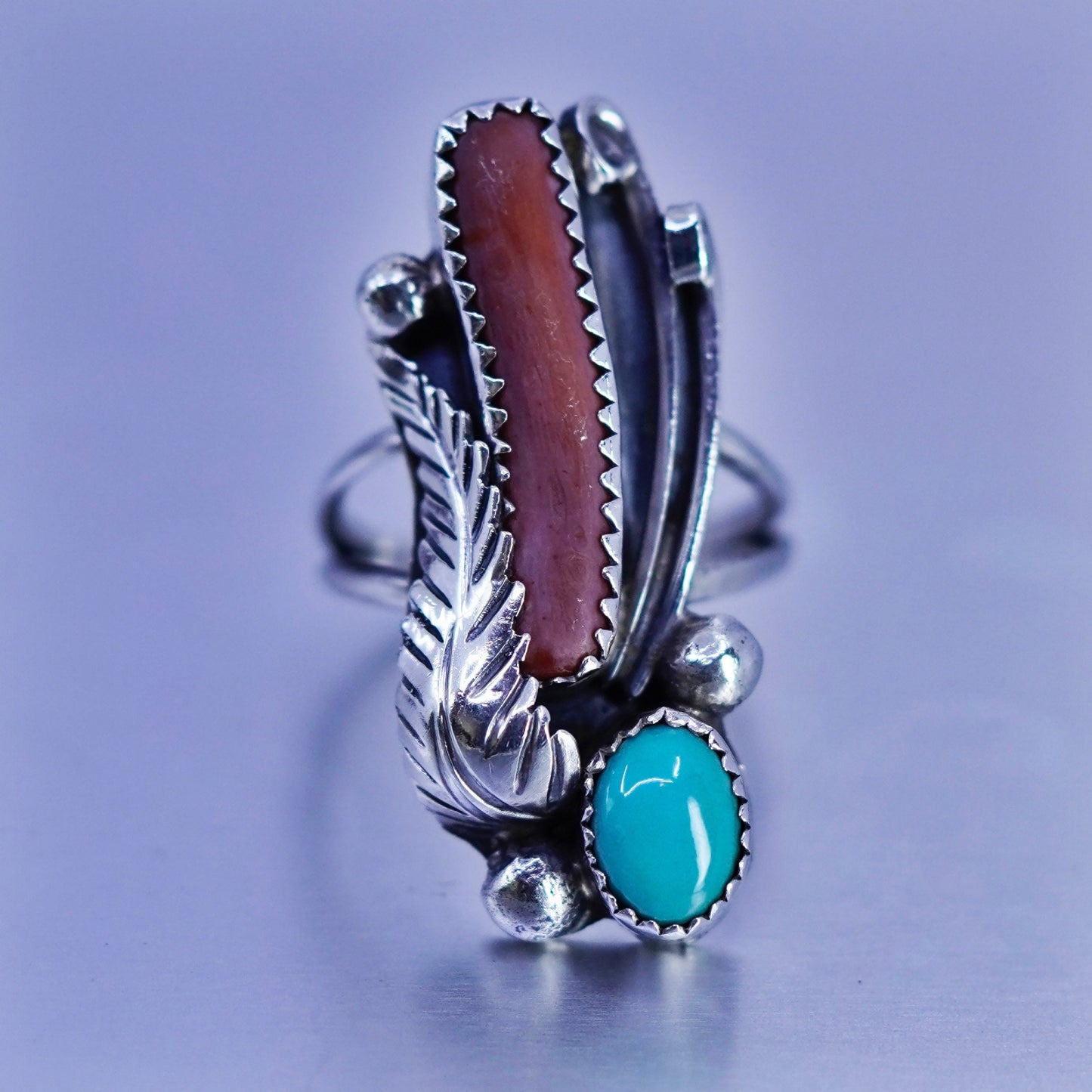 Size 6.5, Native American Navajo Robert Kelley Sterling 925 silver ring coral