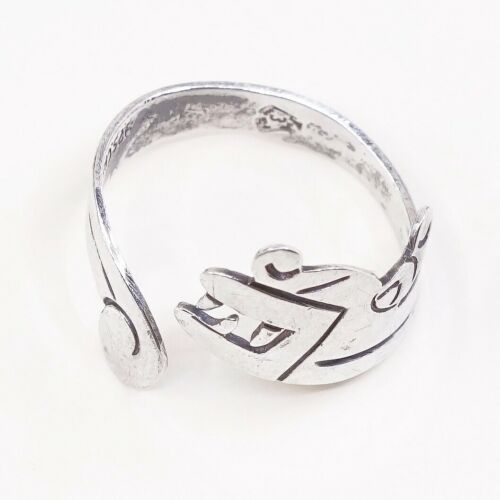 Size Adjustable, Vintage Sterling 925 Silver Angry Dog W/ Teeth Wrap Around Ring