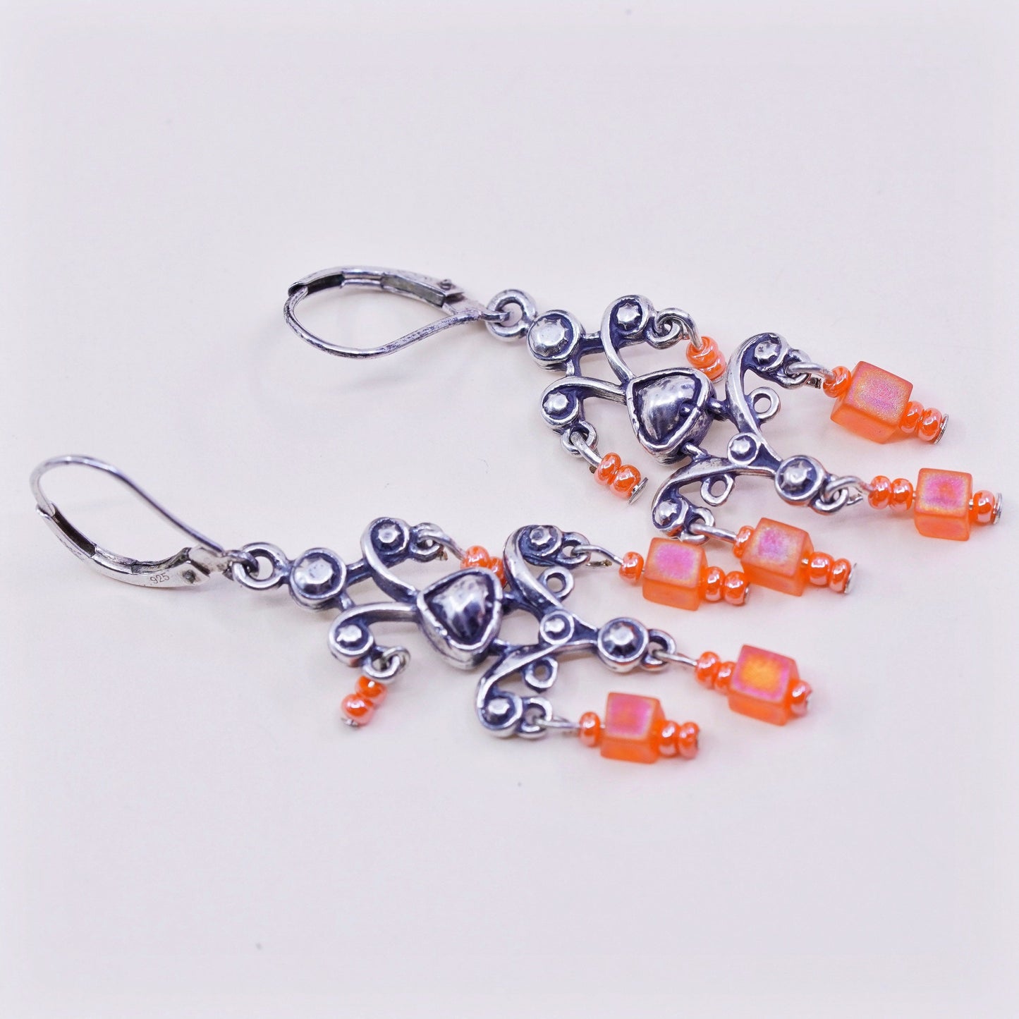 Vintage Sterling silver handmade earrings, 925 filigree heart with orange bead, stamped 925