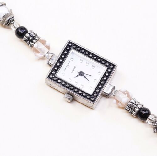 6.5”, Vtg Watch With Handmade Sterling 925 Silver Clasp And Beads Bracelet Band