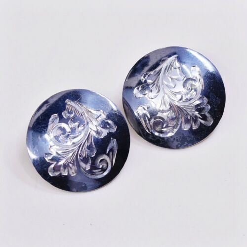 Vtg Mexico Handmade Sterling Silver, Solid 925 CLIP ON EARRINGS W/ Carved Leaf