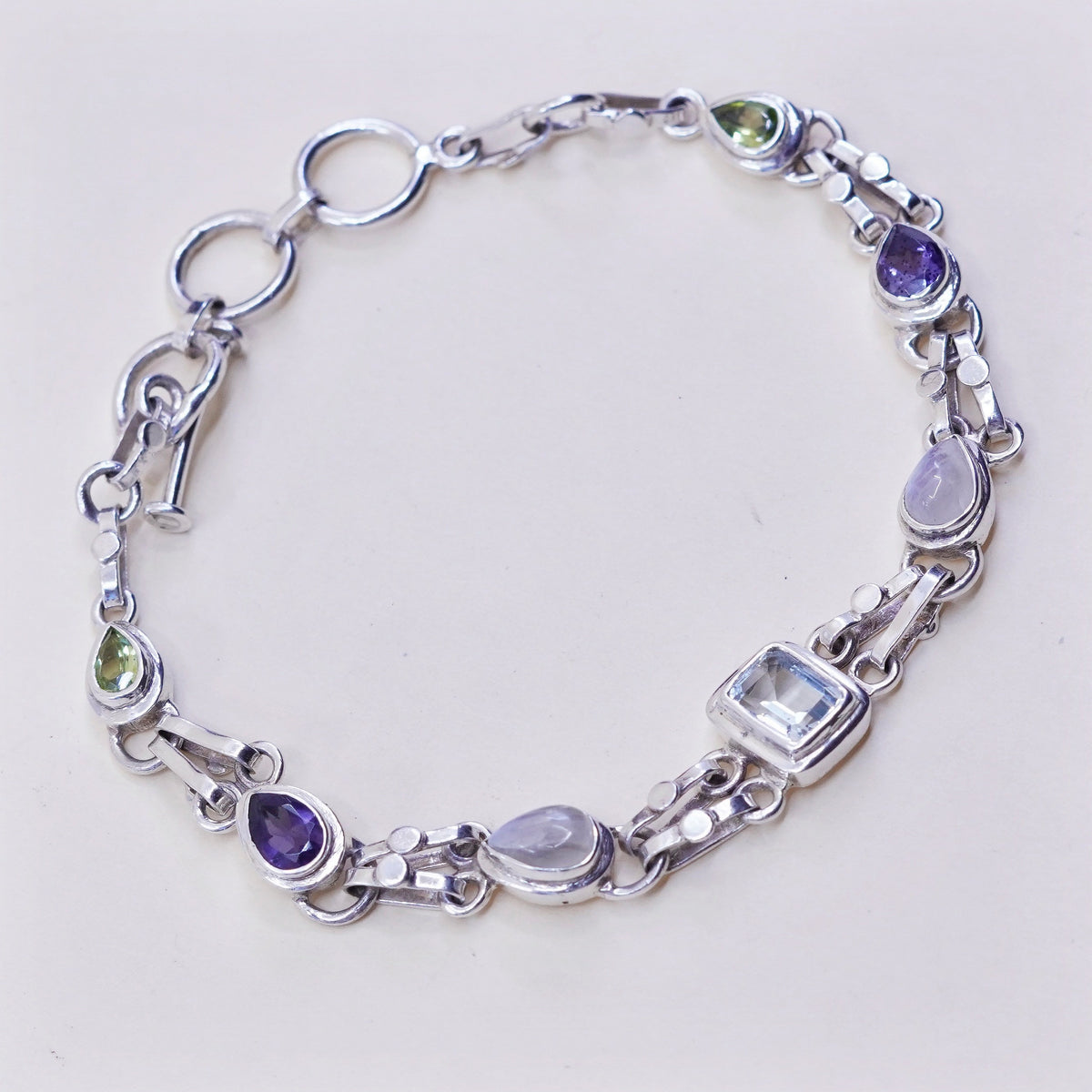 7.25+1”, Sterling 925 silver handmade bracelet with topaz peridot amethyst