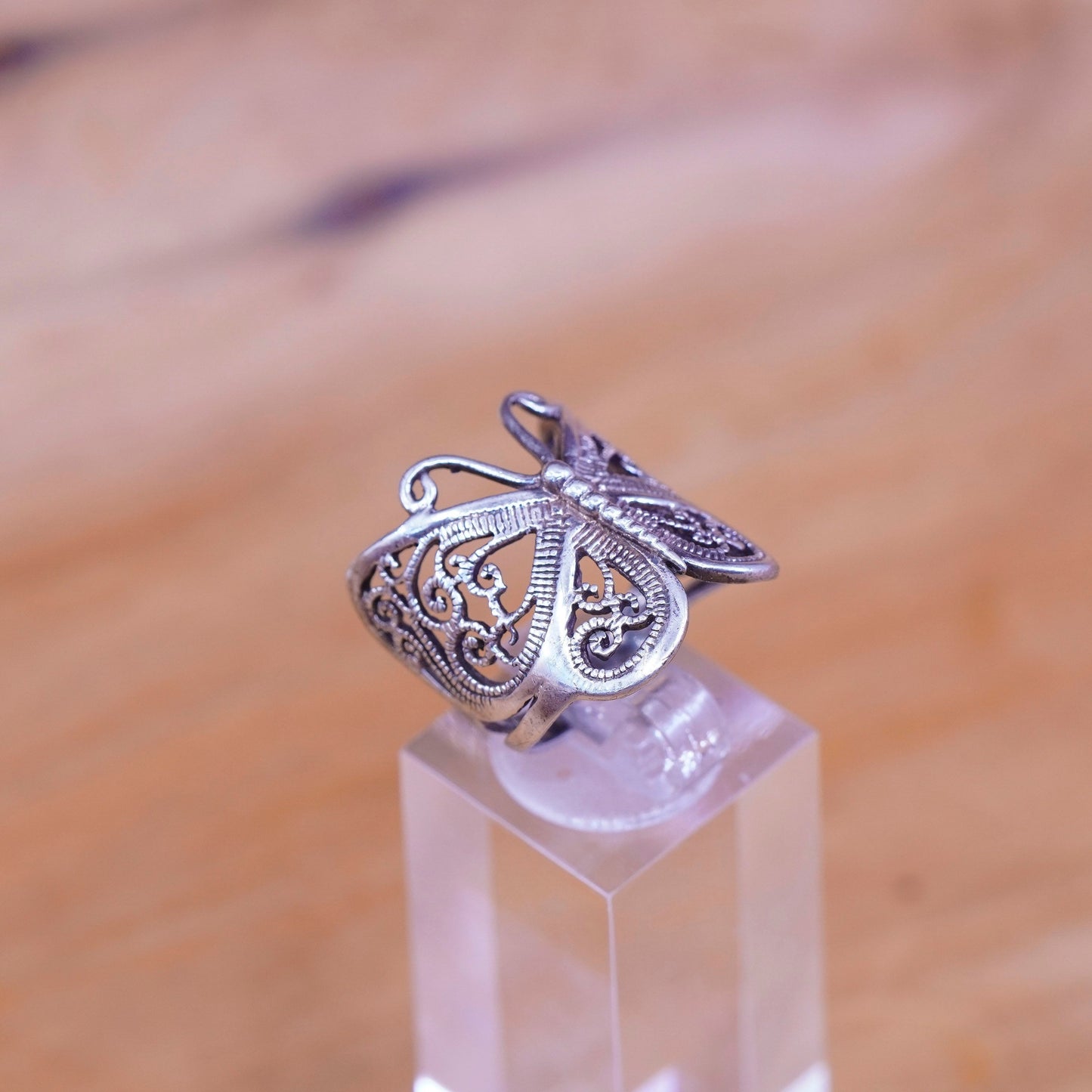 Size 6.5, Vintage Sterling silver handmade ring, 925 filigree butterfly band