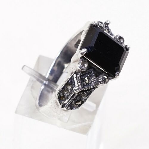 Sz 10.25, Vtg Sterling Silver handmade Ring, 925 Silver W/ Obsidian n marcasite