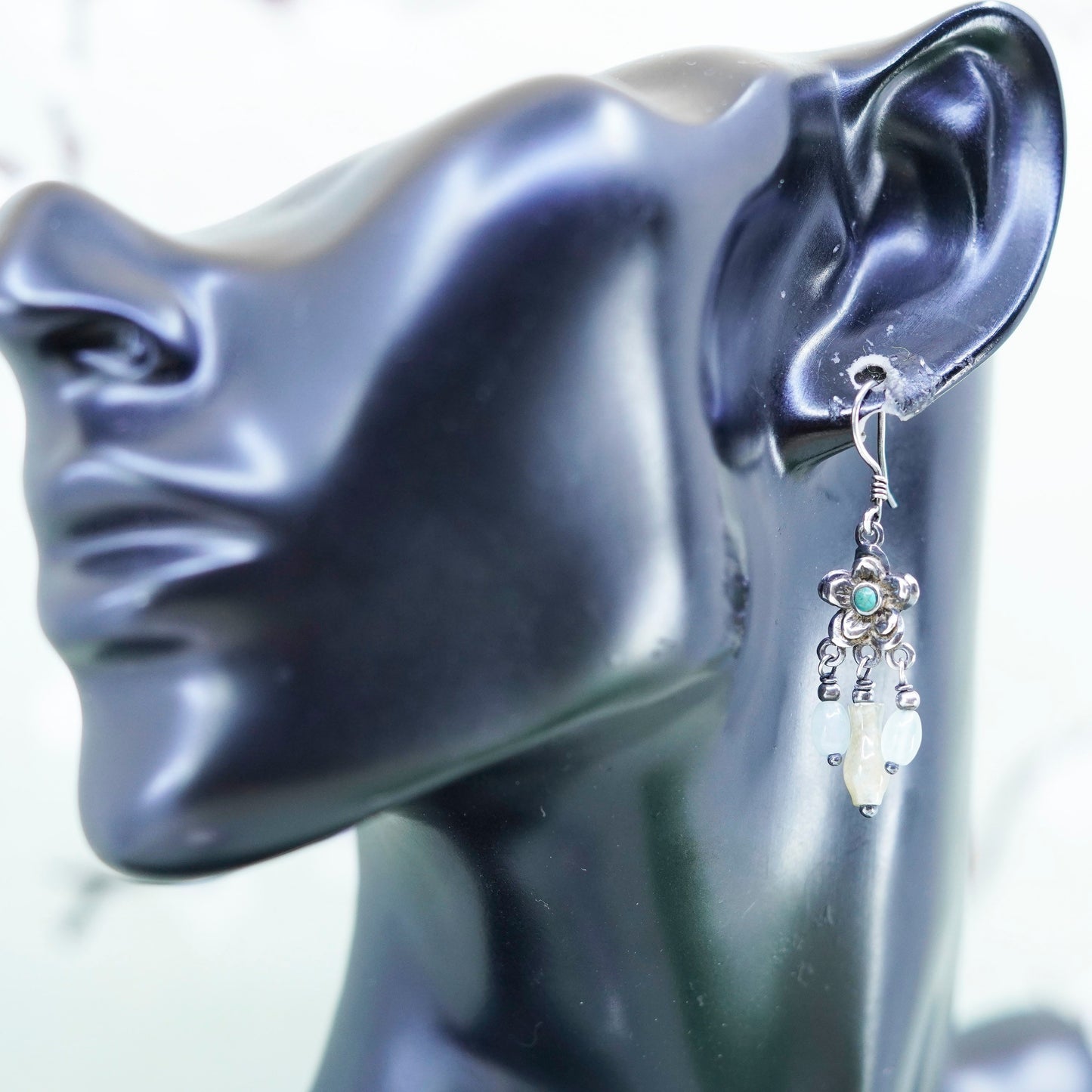 Native American Sterling 925 Silver Handmade flower earrings w/ turquoise jade