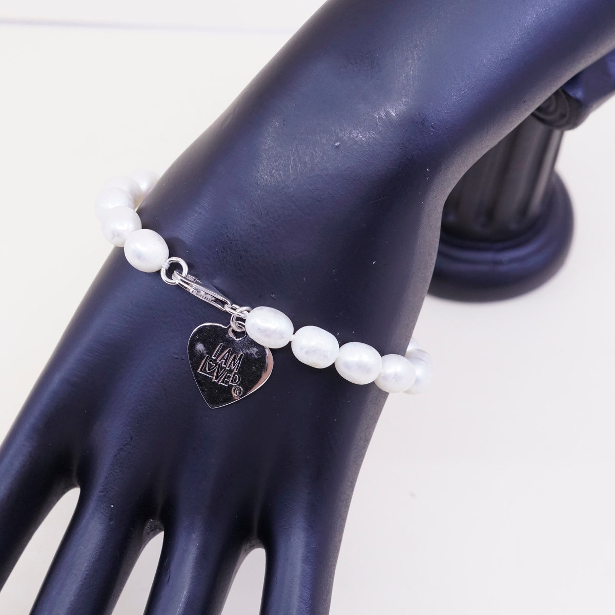7”, vtg sterling silver bracelet, pearl beads with 925 heart charm “I am loved