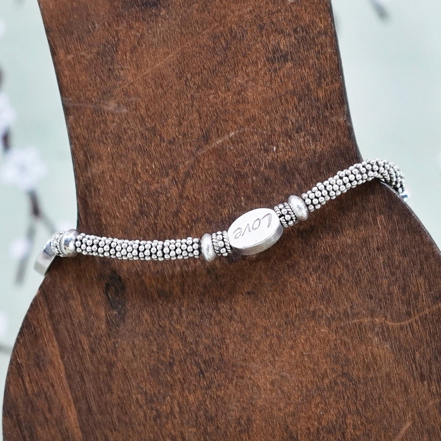 6.25”, Vintage handmade 925 sterling silver bracelet, pearl beads love charms