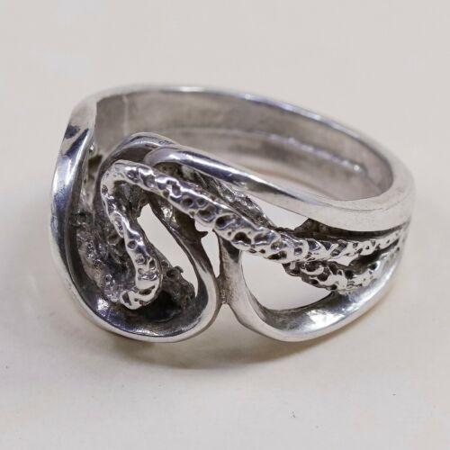 Size 6.5, Vtg Sterling 925 Silver Abstract Flower Band Ring, Silver Tested