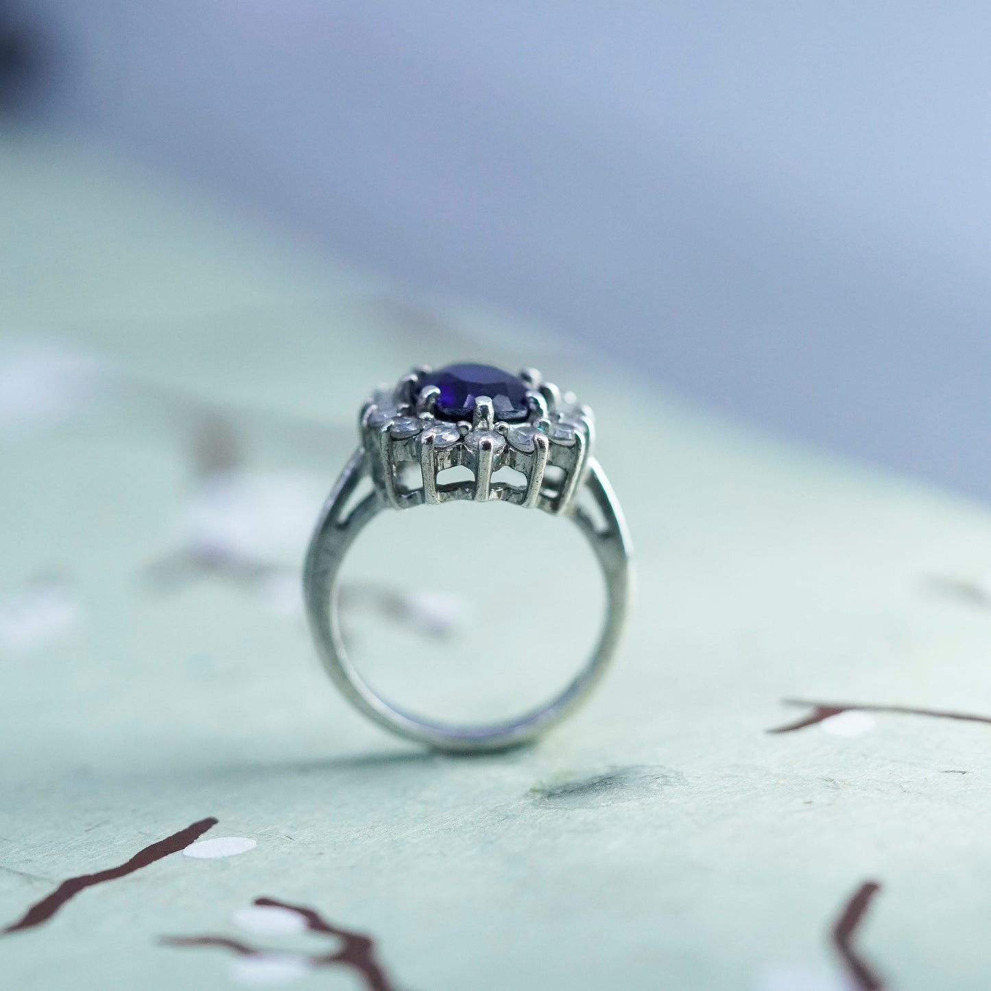 Size 6.25, vintage Sterling silver ring, 925 band with sapphire and cz
