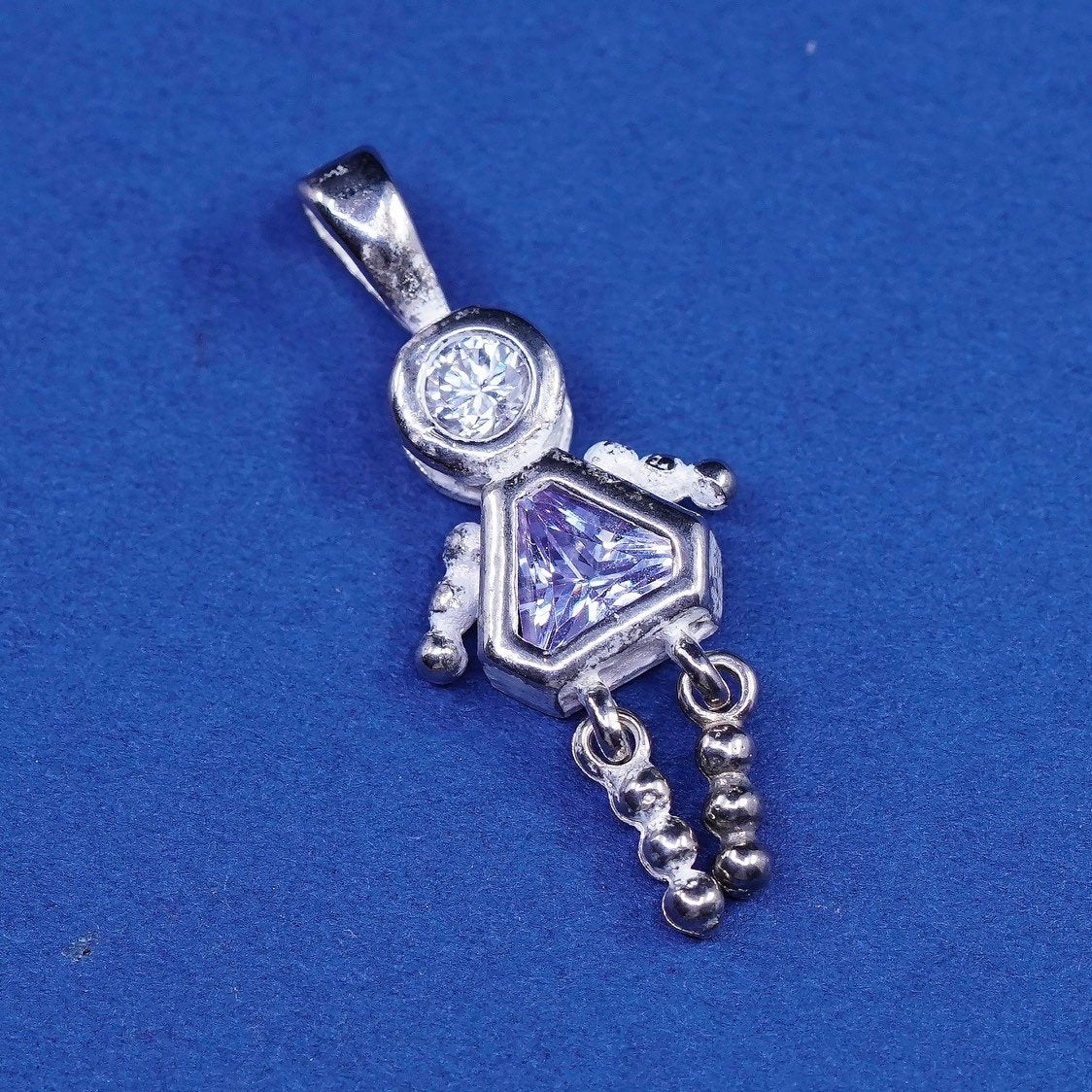 vtg Sterling silver handmade birthstone pendant, 925 girl figure w/ amethyst