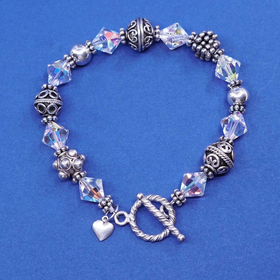 7.25”, sterling silver handmade bracelet, 925 w/ crystal beads N toggle closure