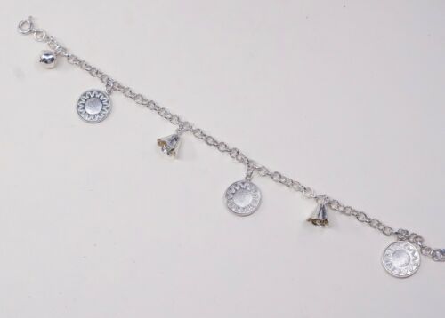6.75”, 3mm, Vtg Sterling Silver Bracelet 925 Circle Chain W/ Sunflower N Chime
