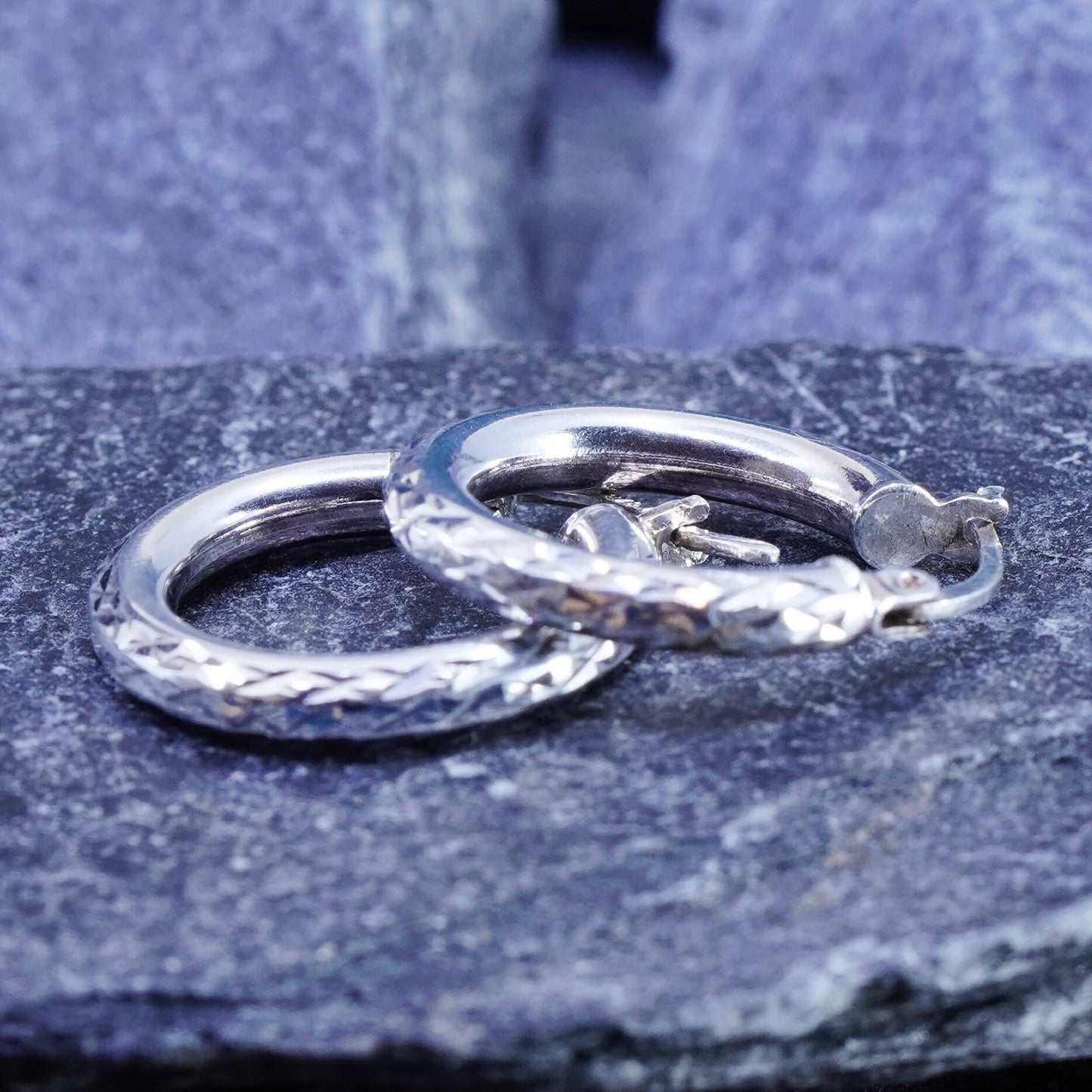 0.75”, vintage Sterling silver handmade earrings, textured 925 hoops, huggie