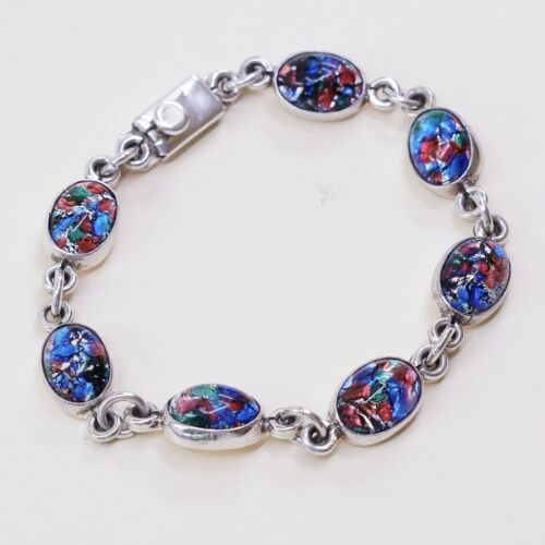 8”, Vtg Sterling Silver Handmade Bracelet, 925 Link W/ Colorful Foiled Glass