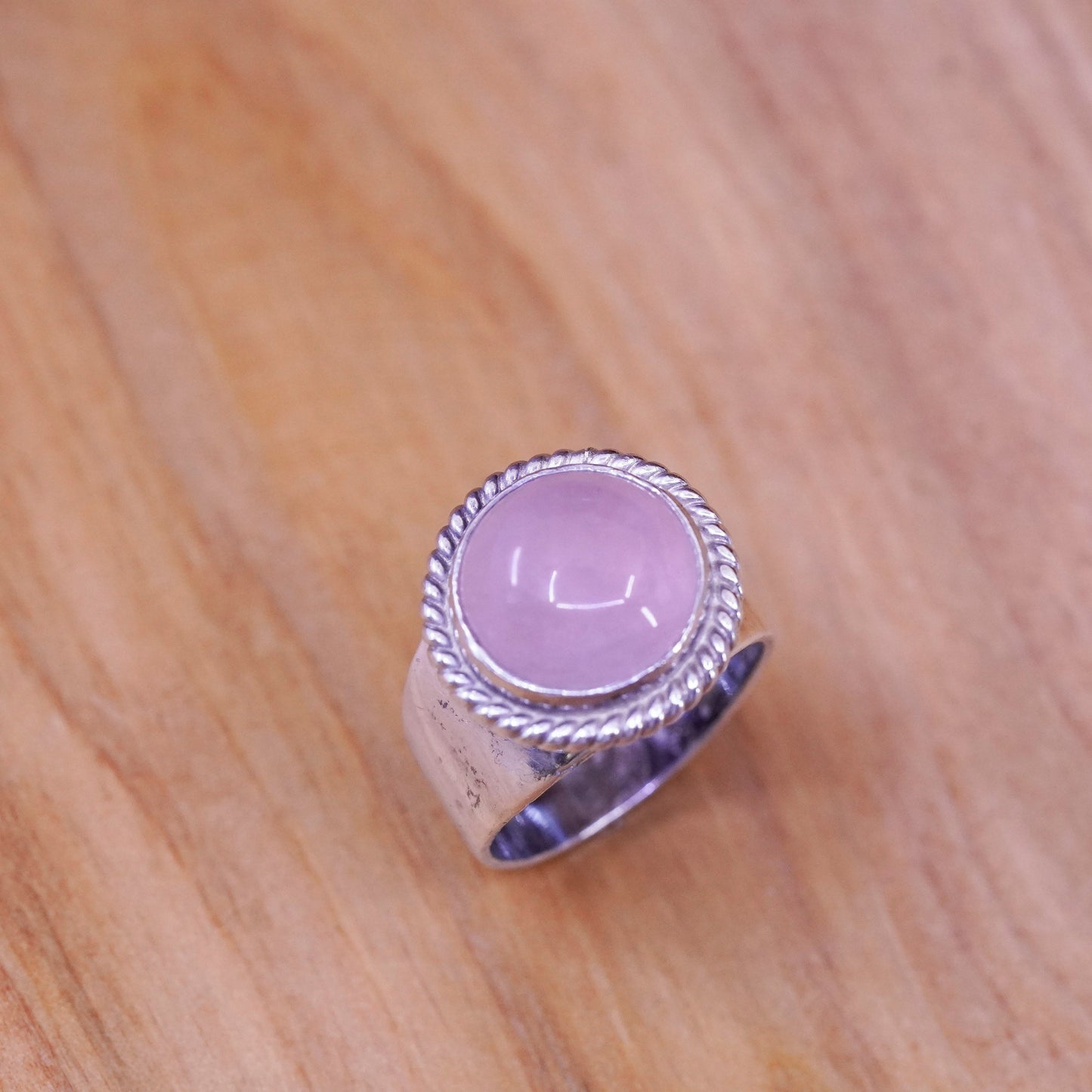 Size 6, Sterling 925 silver handmade ring round rose pink Quartz and cable