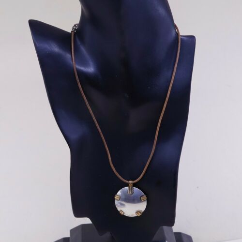 18”, Vtg USA Sterling 925 Silver Brass Disc Pendant W/ BROWN Leather Necklace