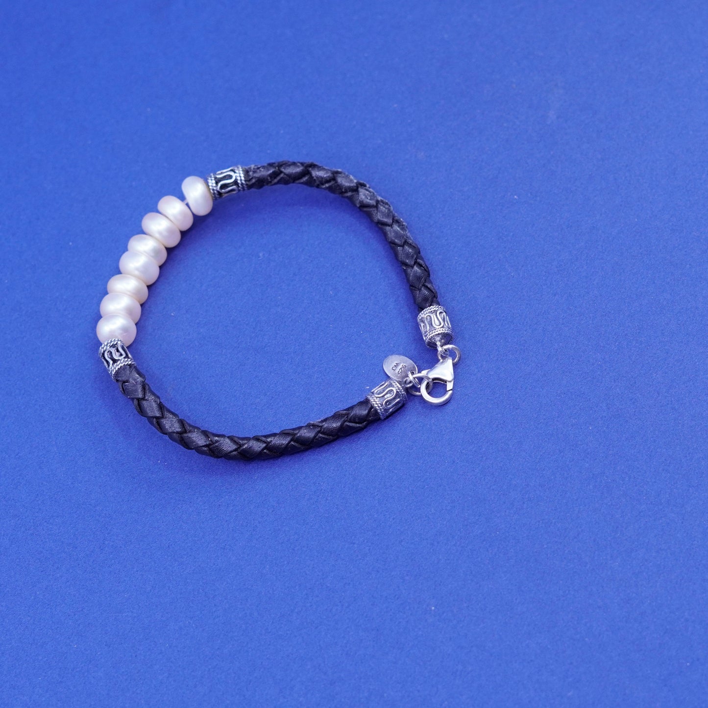6.75”, Sterling silver handmade bracelet, 925 bangle with black leather pearl