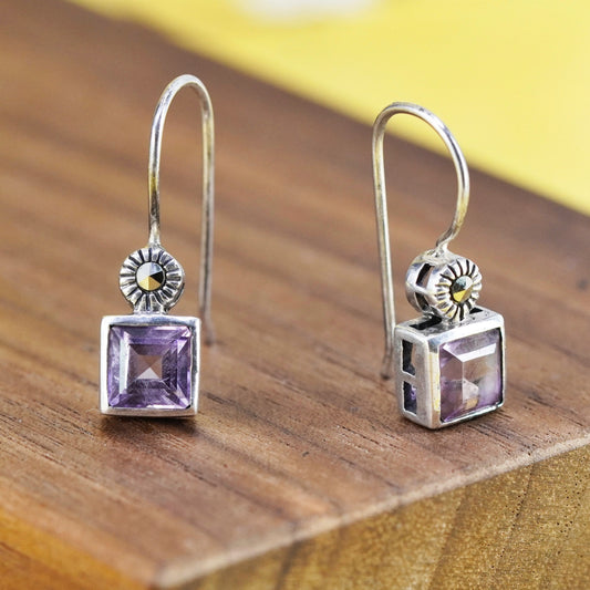 Vintage Sterling 925 silver handmade earrings with amethyst and marcasite