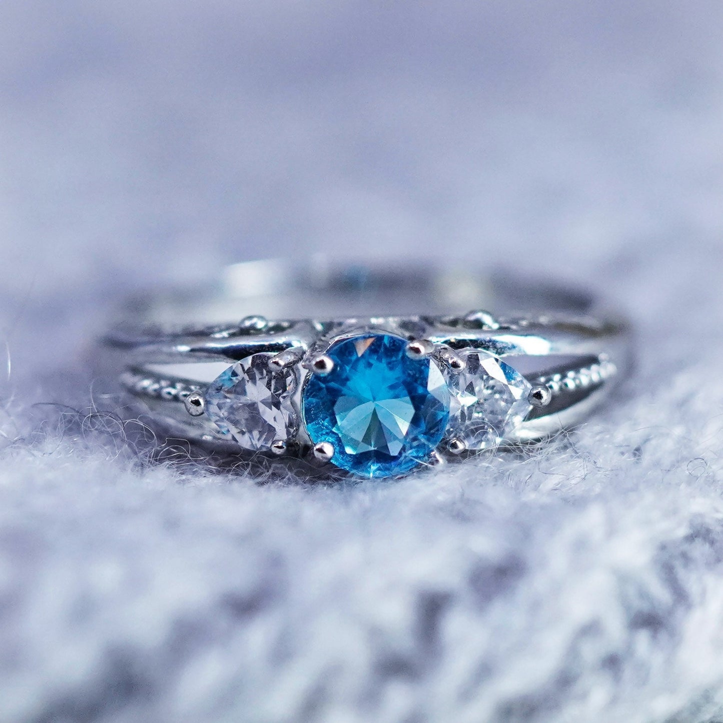 Size 10, vintage Sterling 925 silver handmade ring with blue Cz