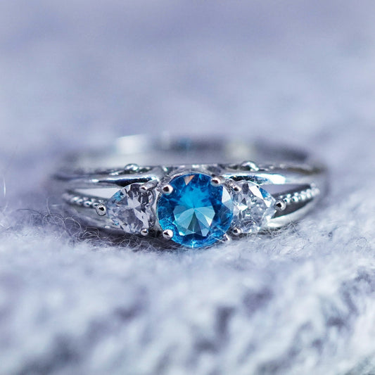Size 10, vintage Sterling 925 silver handmade ring with blue Cz