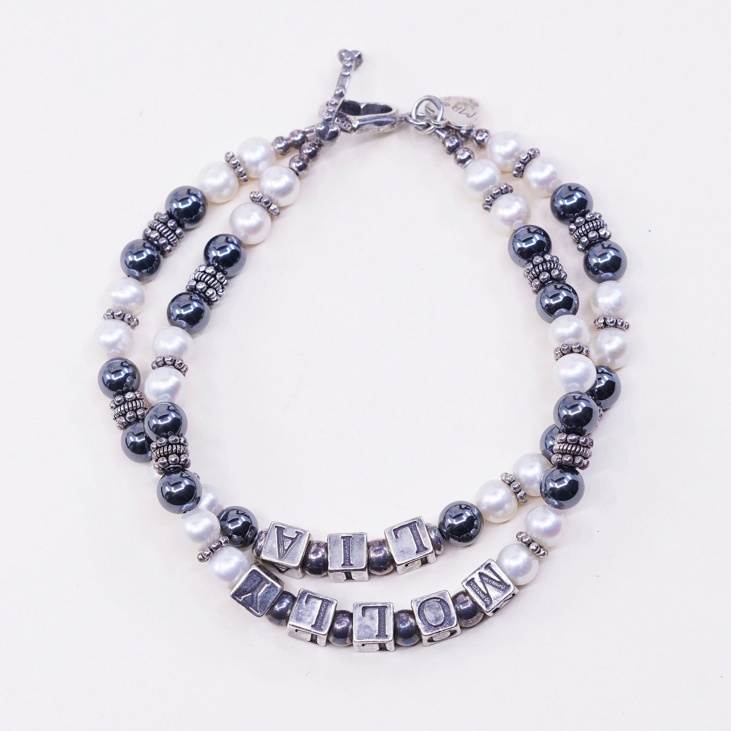 7.5”, MB sterling 926 silver bracelet, monogram hematite pearl chain “molly Lia