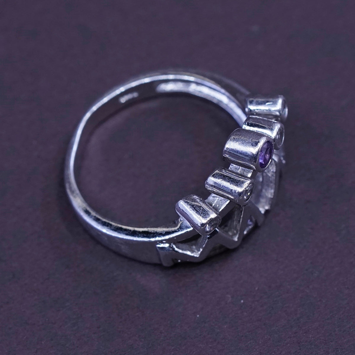 Size 7.75, Vintage Sterling 925 silver handmade crown Ring w/ amethyst and Cz