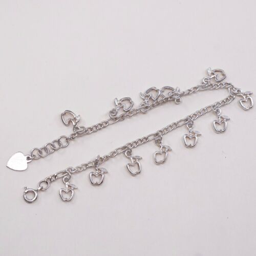 7.75”, 2mm, Vtg Sterling Silver Bracelet 925 Figaro Chain W/ Apple Heart Charm