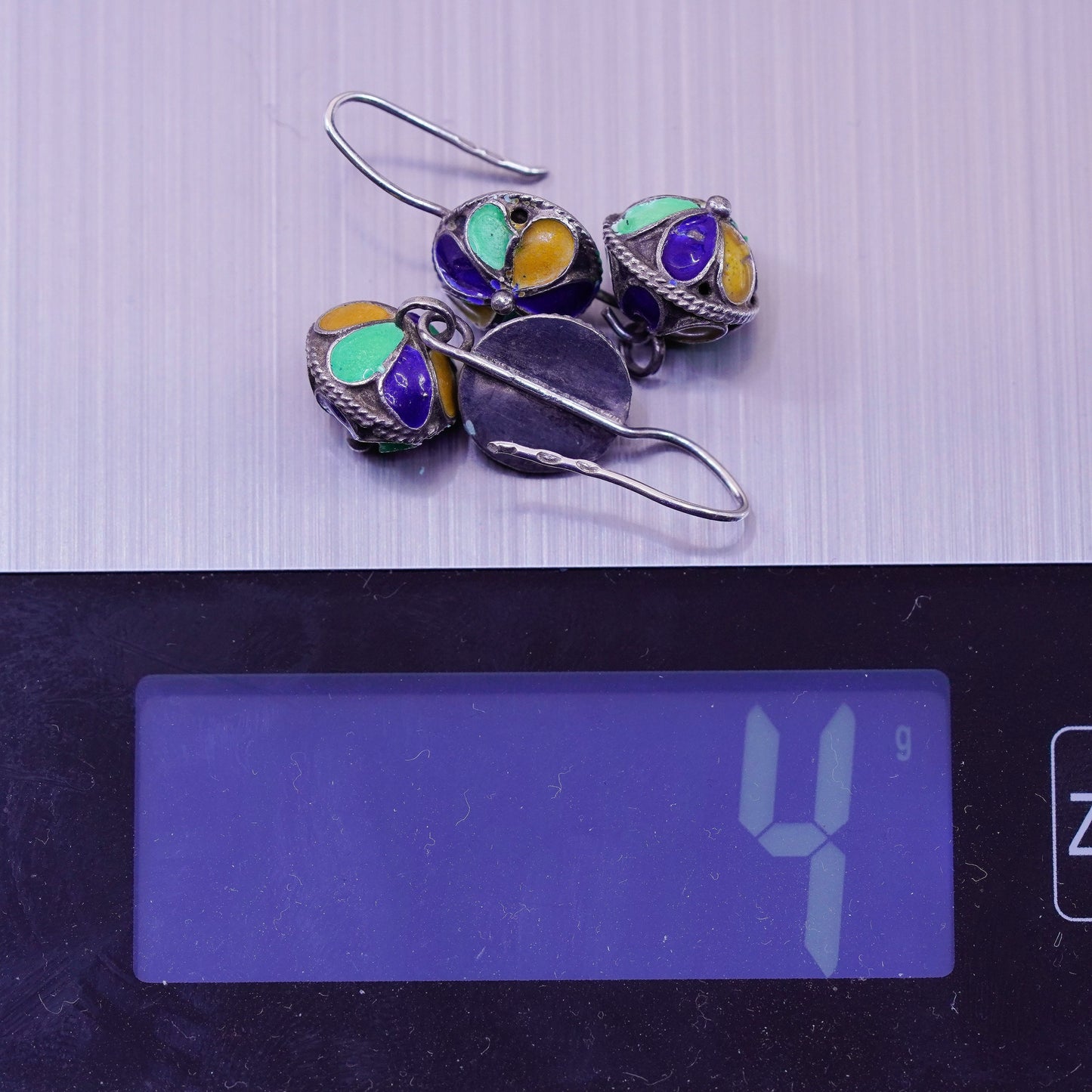 Vintage sterling 925 silver handmade bead earrings with enamel