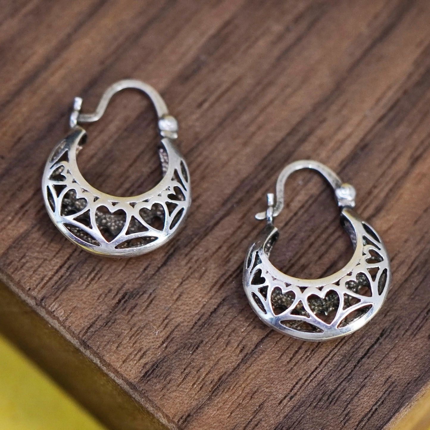 vintage Sterling 925 silver heart hoop earrings, 925 huggie