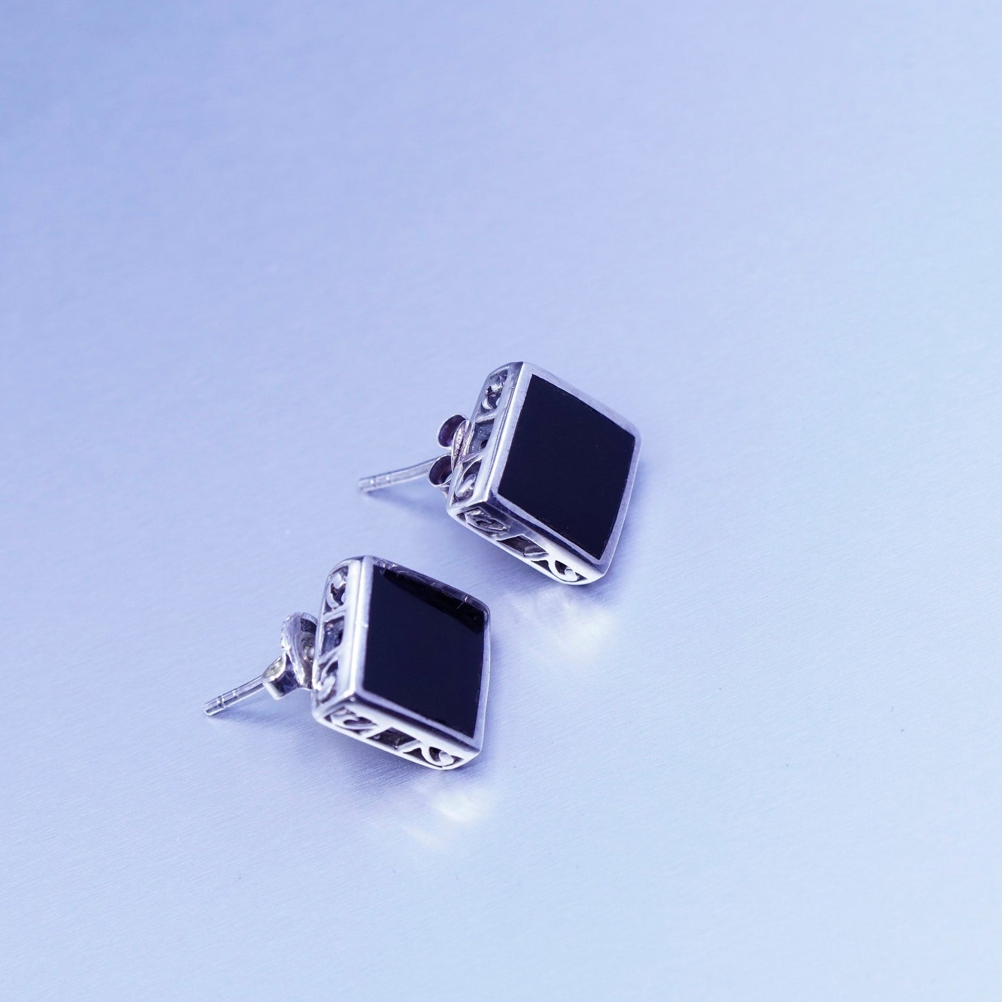 Sterling 925 silver handmade earrings, filigree textured square studs onyx