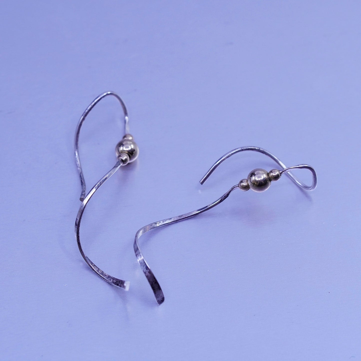 Vintage Sterling 925 silver handmade twisted earrings drop with 14K gold beads