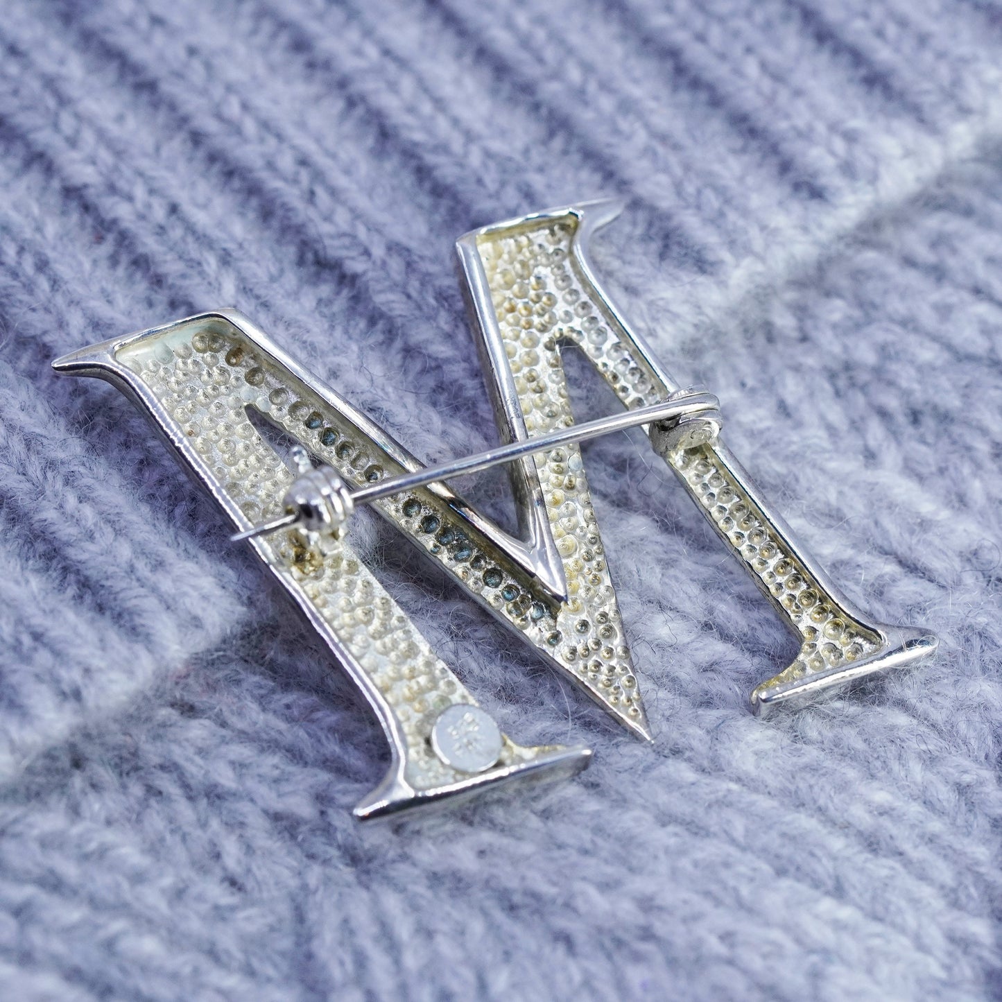 Vintage sterling silver handmade brooch, 925 letter M pin