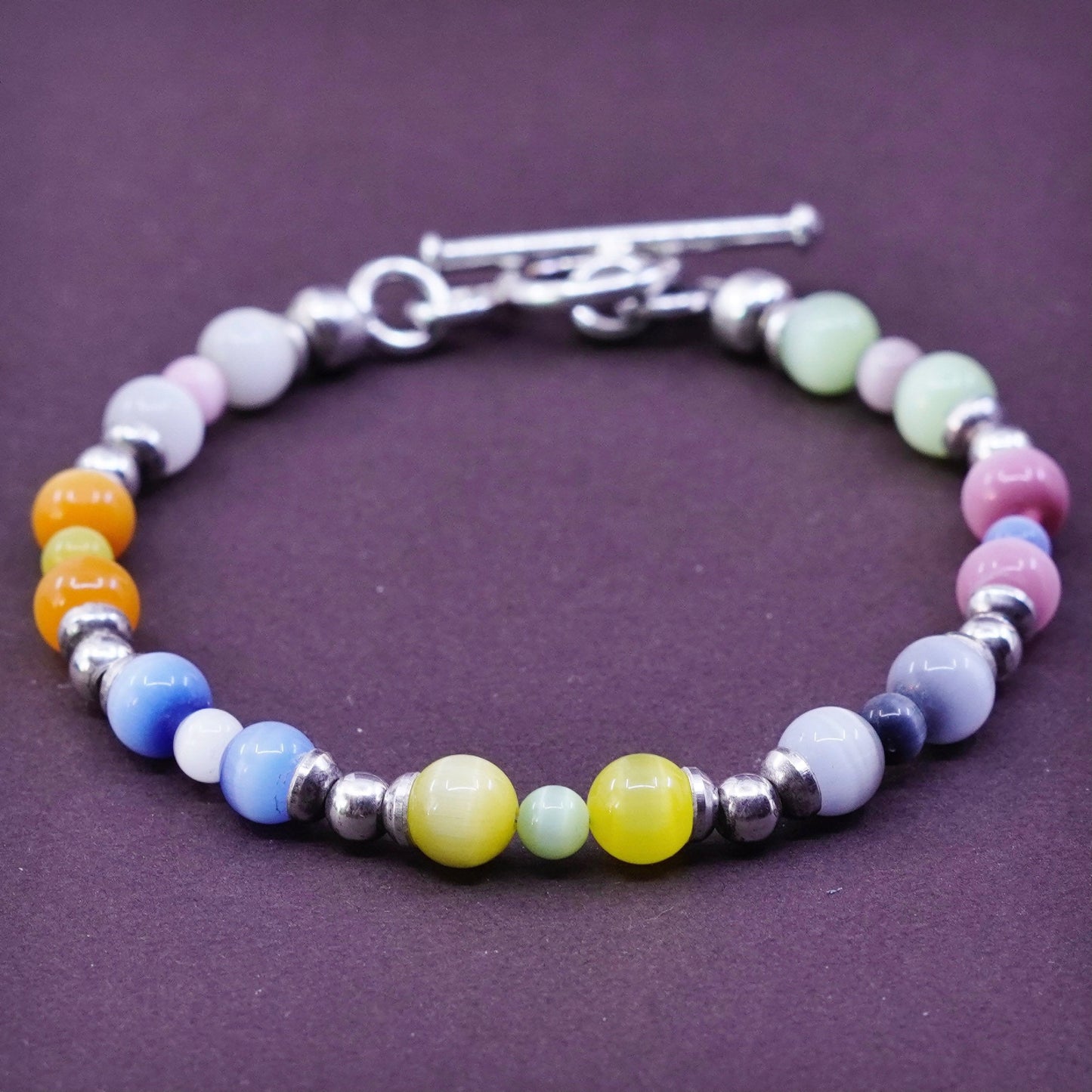 6.75”, Sterling 925 silver handmade bracelet, with colorful cat eyes beads